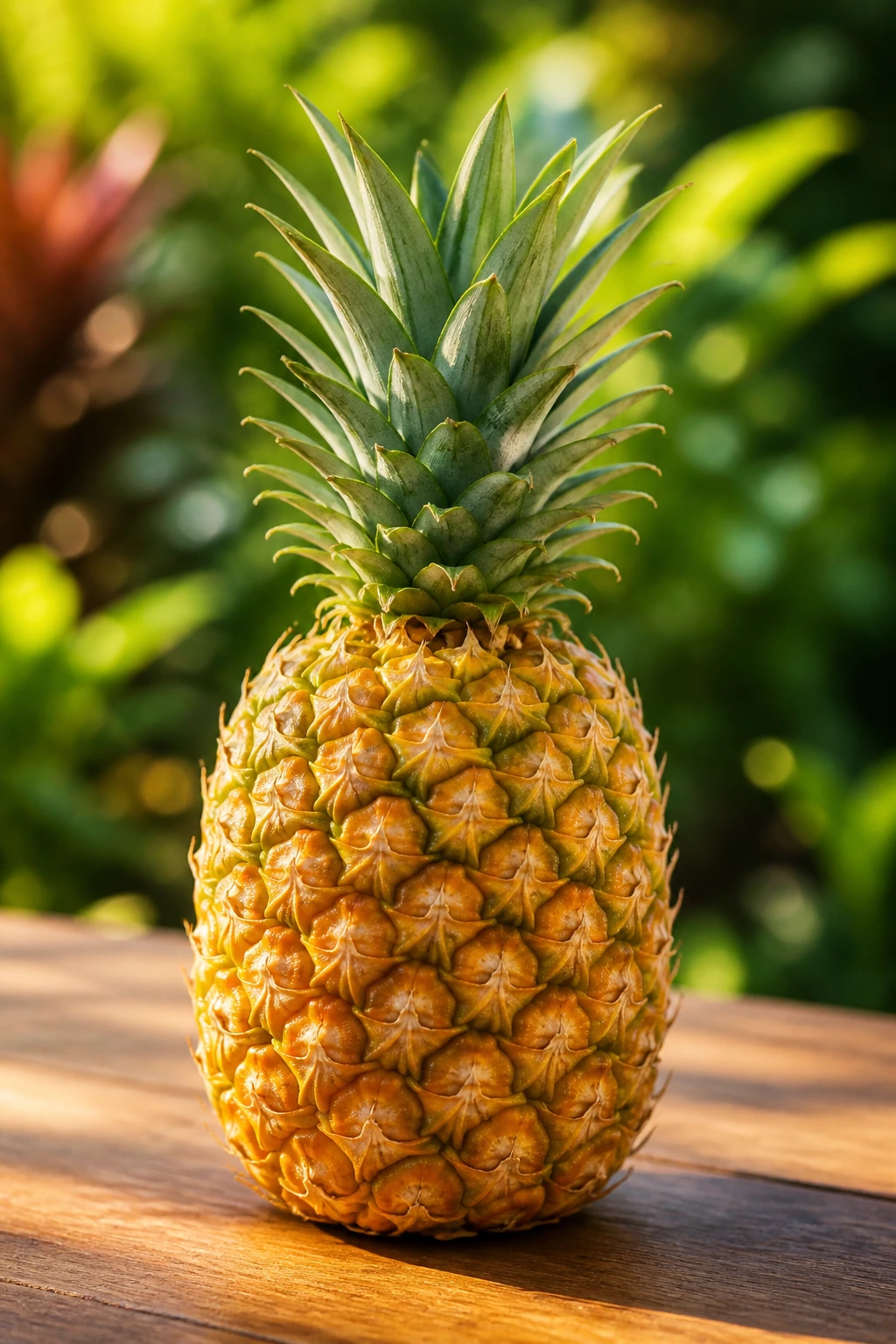 Single pineapple on sunny outdoor table against greenery