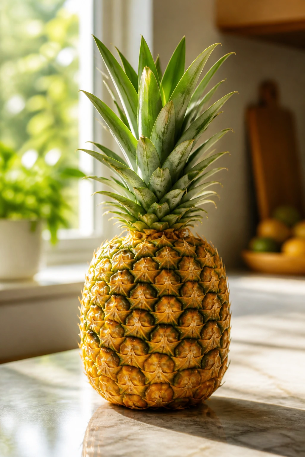 Pineapple centered on kitchen counter with gentle window light
