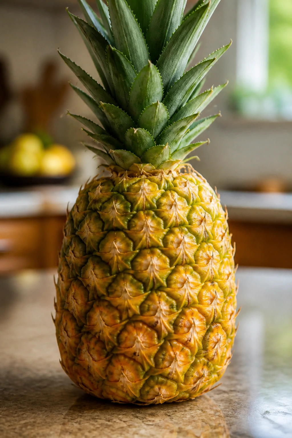 Close-up of pineapple on kitchen counter under soft light
