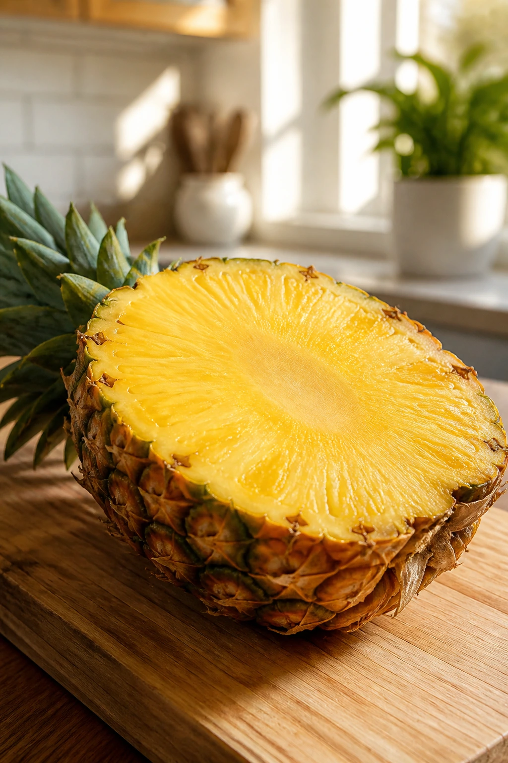 Close-up of a ripe pineapple half with bright yellow flesh on a cutting board in a sunlit kitchen.