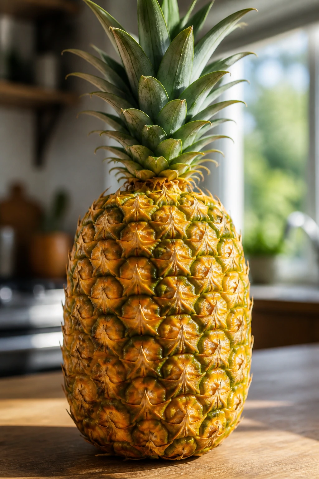 Does Pineapple/Pineapple Juice Help With Swelling & Bruising? 2 Close-up of a ripe pineapple on a kitchen counter.