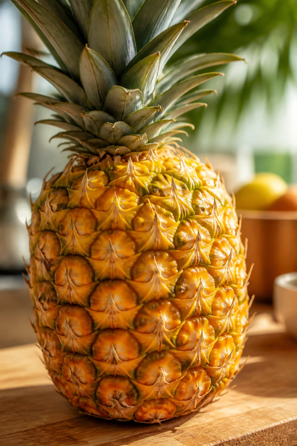 Close-up of a ripe pineapple on a wooden counter with warm kitchen light