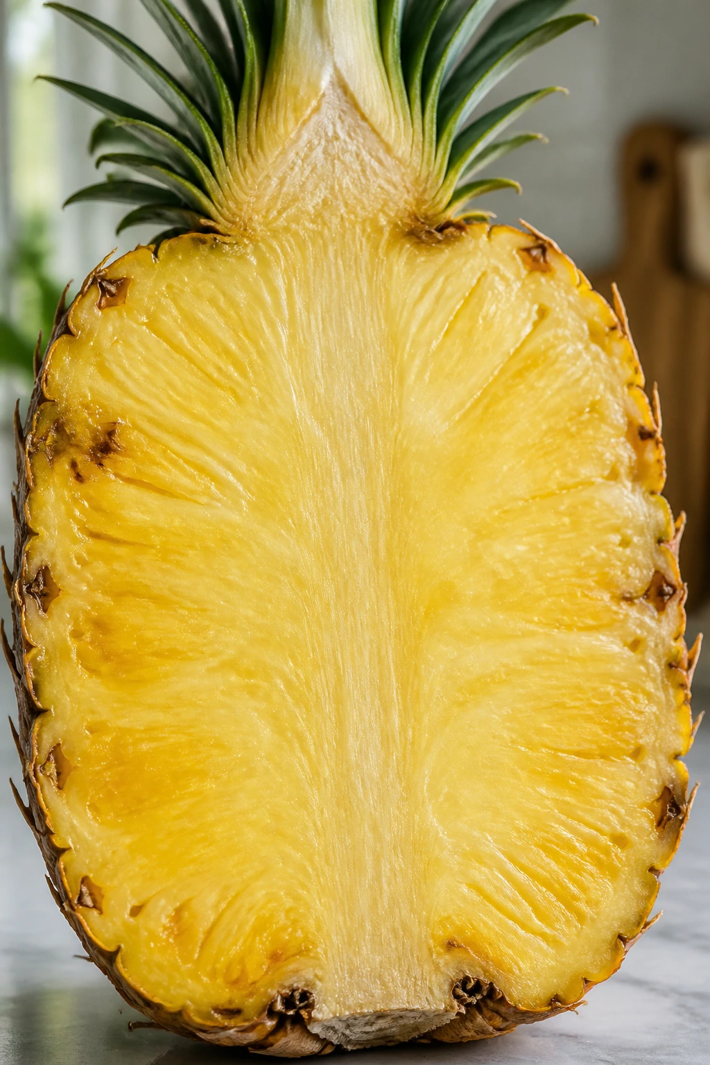 Close-up of sliced pineapple showing vibrant flesh in a kitchen