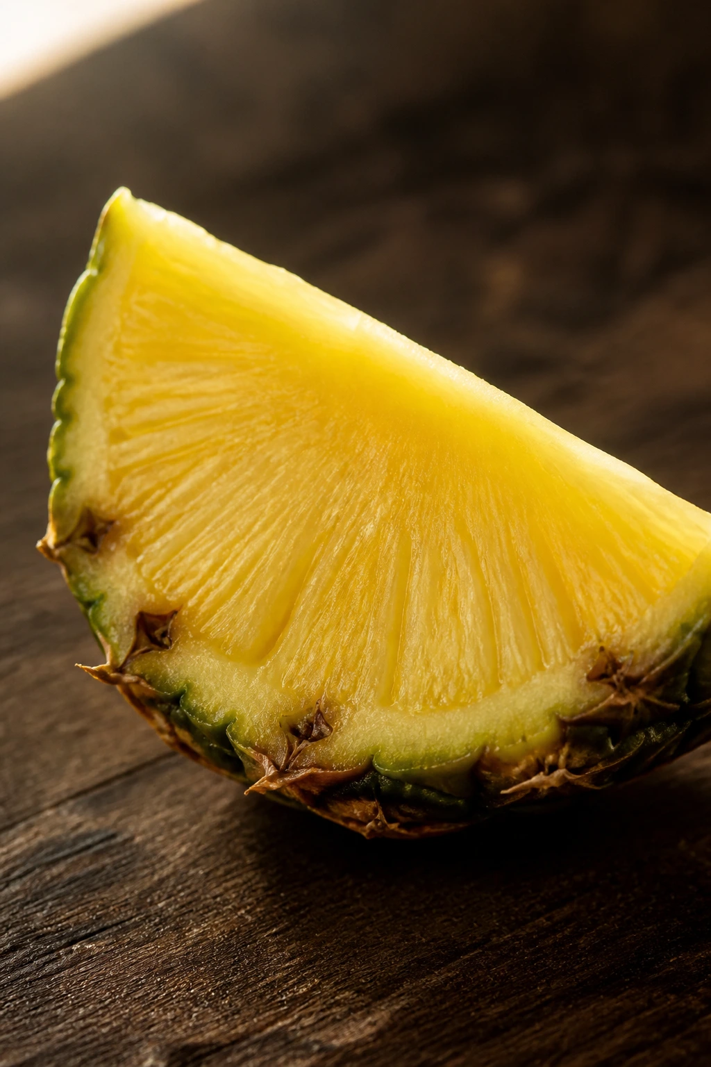 Pineapple wedge dominating frame on dark wood surface