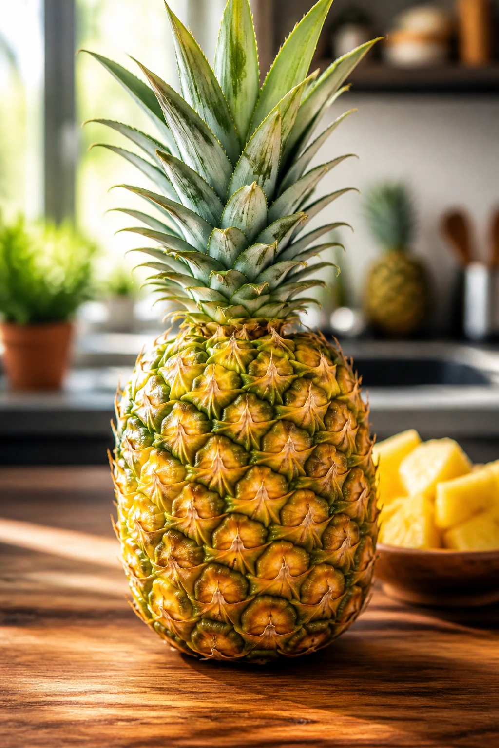 Close-up of a ripe pineapple on a wooden kitchen counter in natural light
