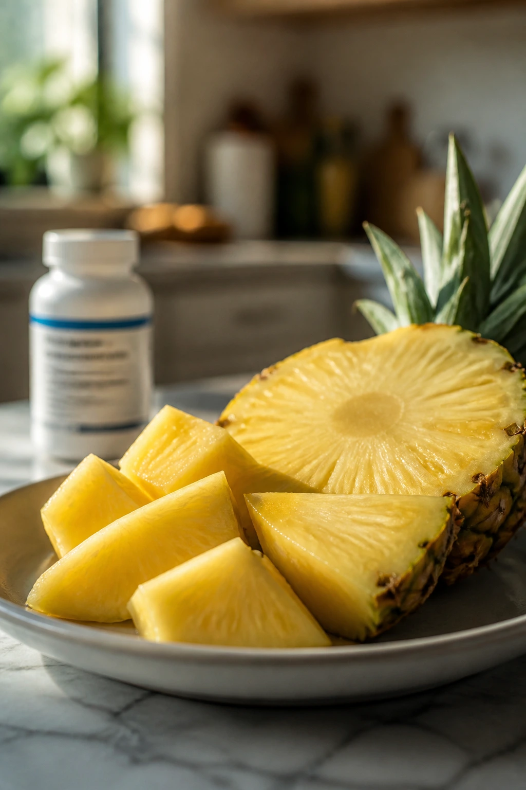 Pineapple with metformin context in kitchen with blurred bottle