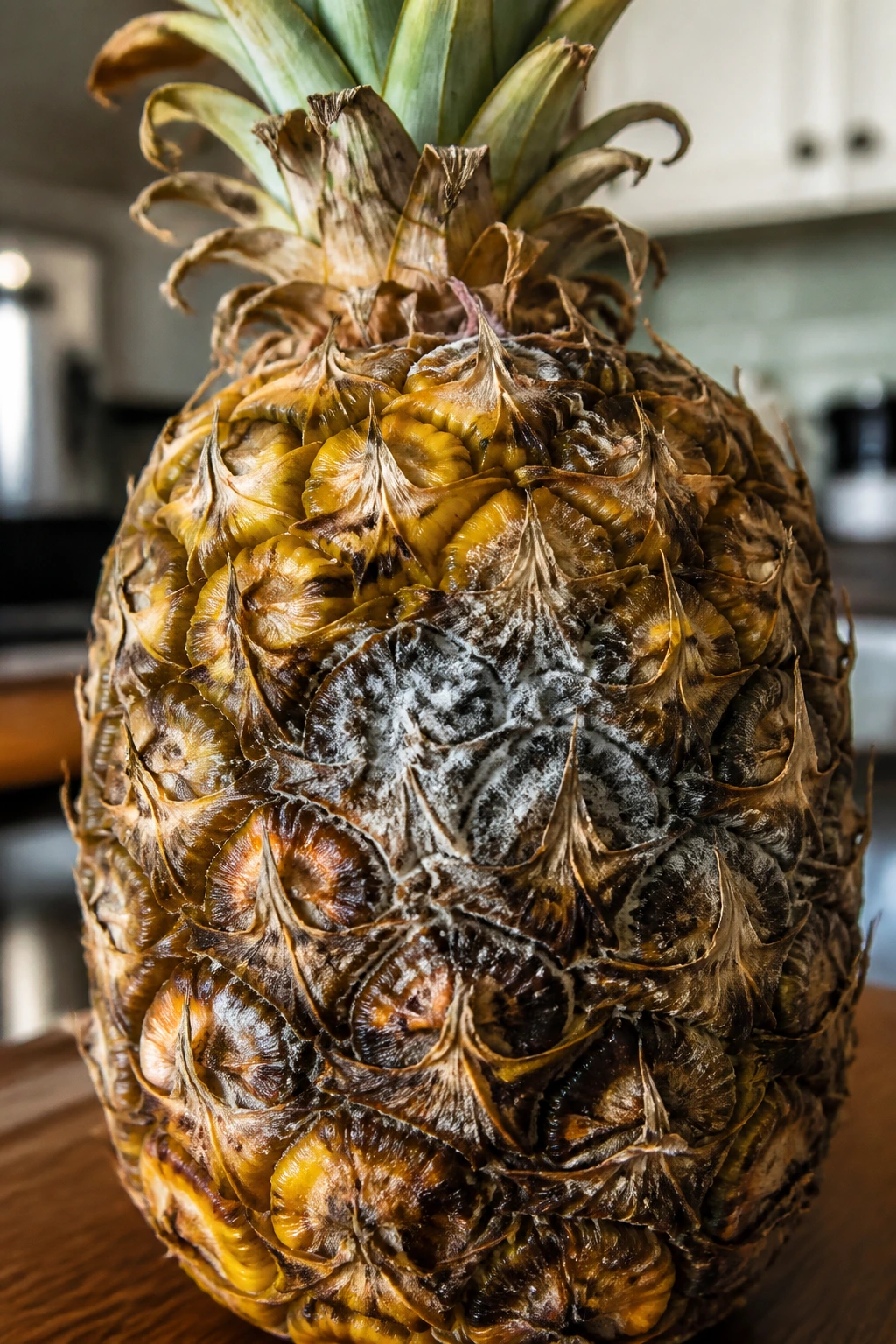 Pineapple with dark spots indicating spoilage on the skin
