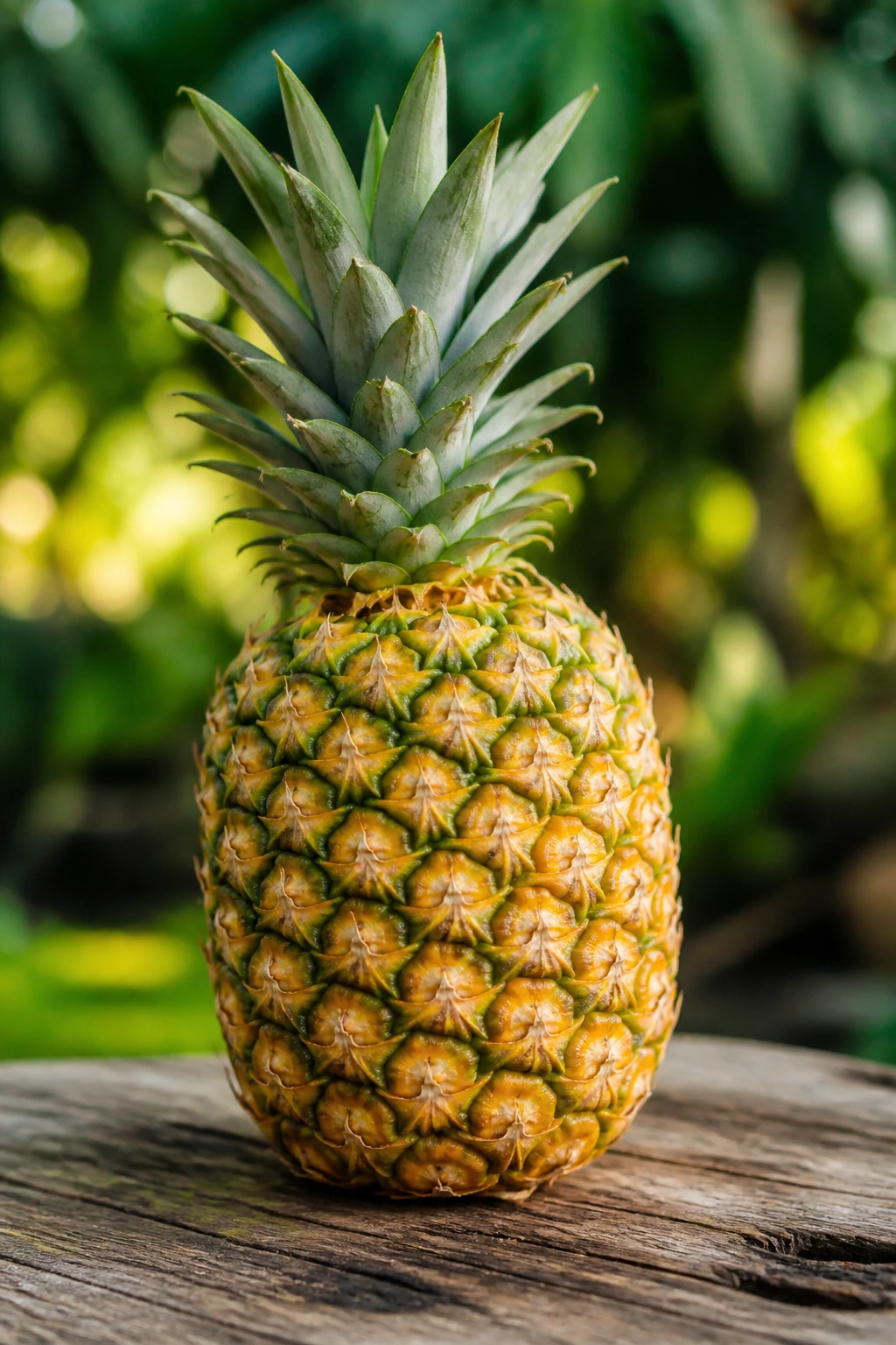 Close-up portrait of a pineapple on a rustic outdoor table with greenery in the background