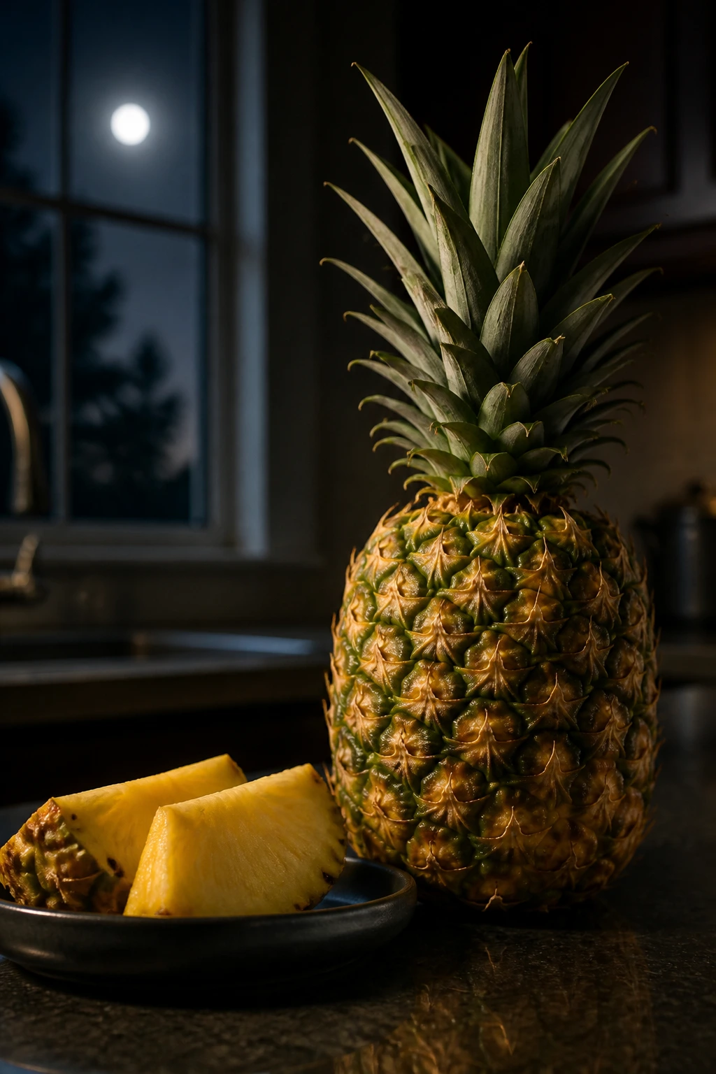 Is It Good To Eat Pineapple At Night? All You Need To Know 2 Moonlit pineapple on a dim kitchen counter highlighting texture and lighting