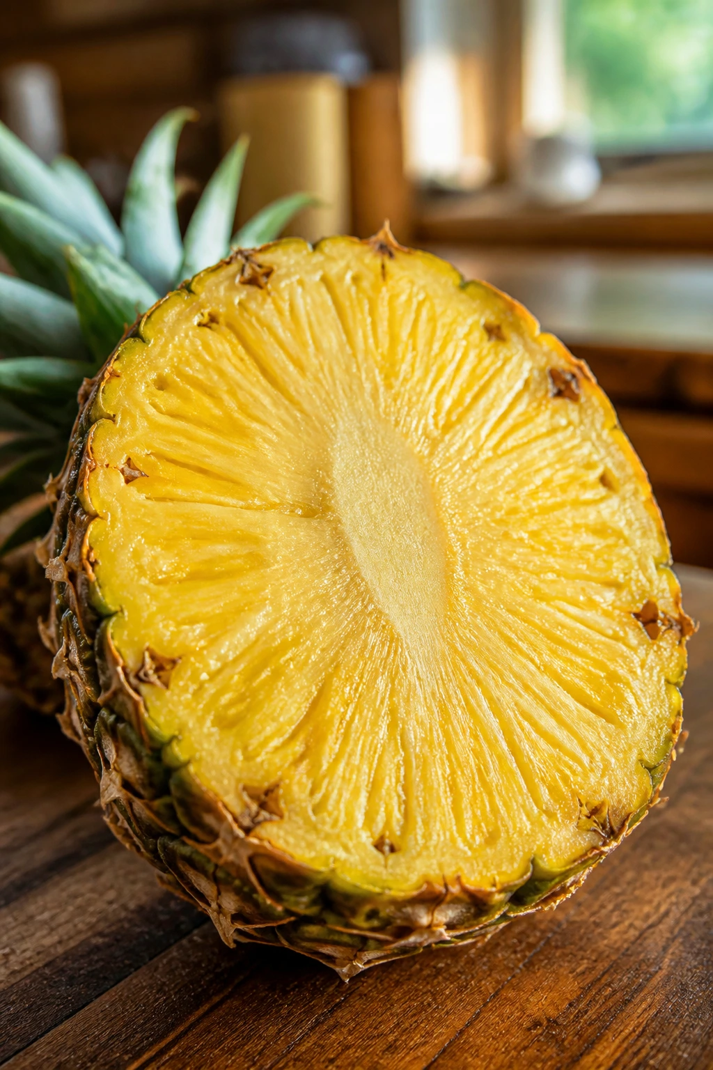 Is It Good To Eat Pineapple At Night? All You Need To Know 1 Close-up of a sliced pineapple on a kitchen counter highlighting yellow flesh and core