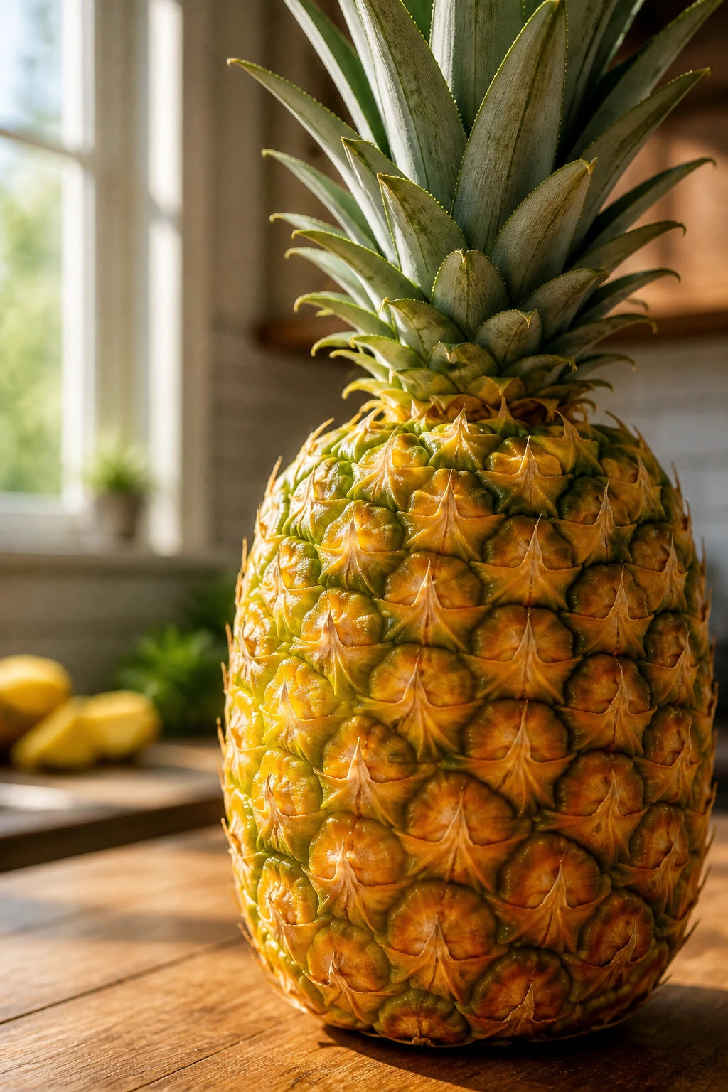 What Happens If You Eat a Lot of Pineapples? 1 Close-up of a ripe pineapple on a wooden counter, showcasing its nutritional value.