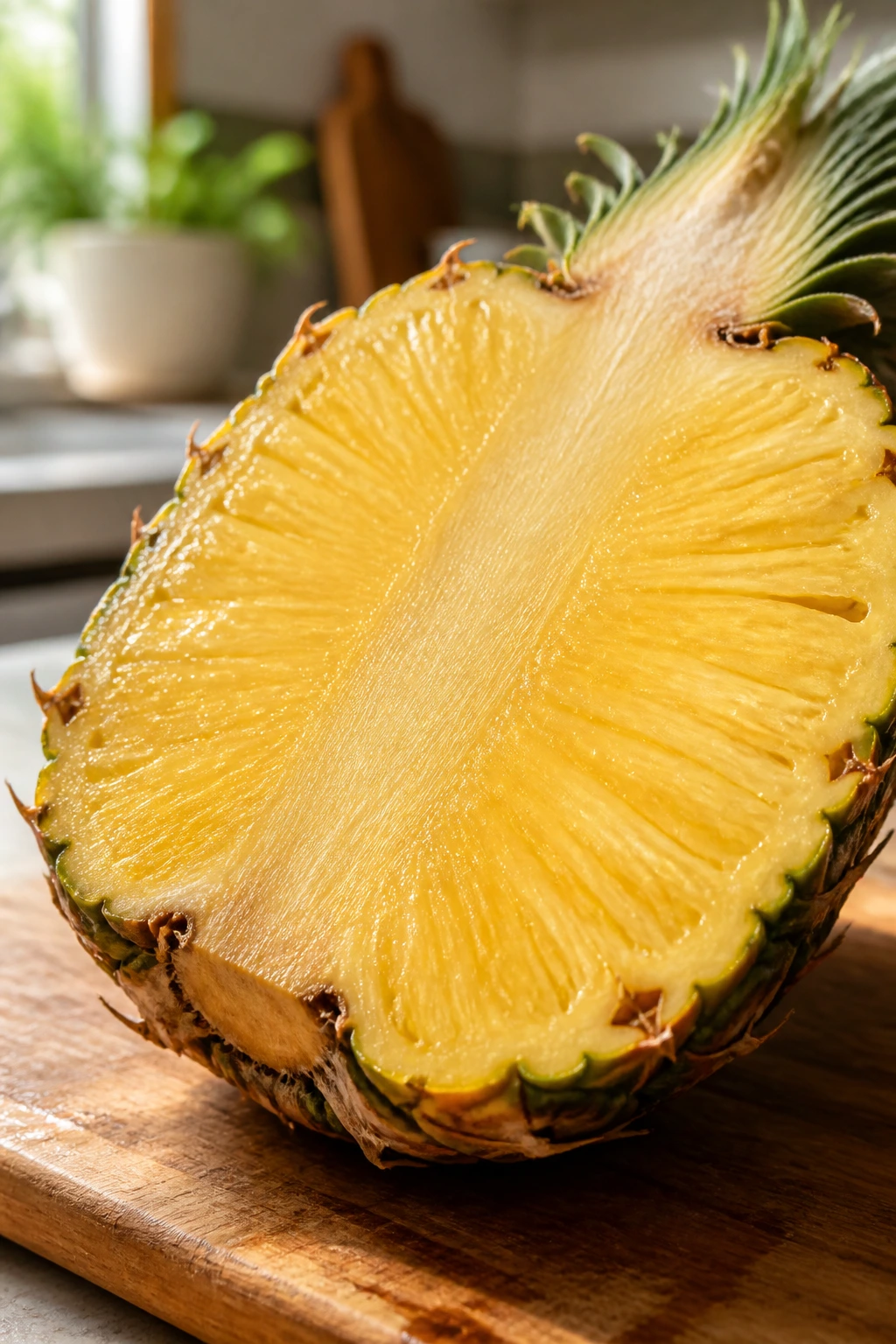 Are Pineapples Good For Pregnancy? 10 Incredible Benefits 2 Close-up of pineapple half showing vibrant yellow flesh on a cutting board.