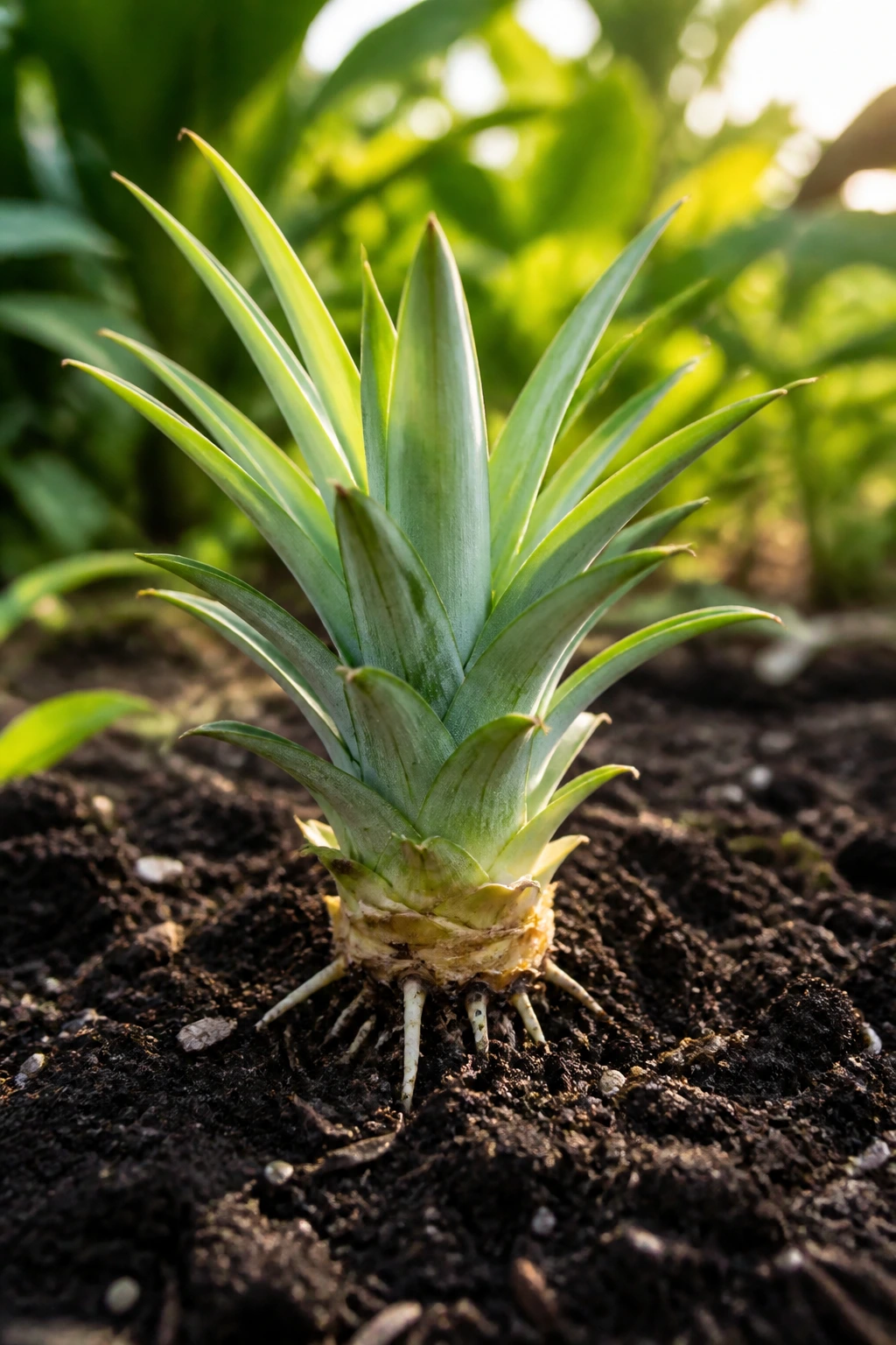 How Long Does It Take A Pineapple To Mature? 1 Close-up of a pineapple plant with new roots and fresh leaves in soil in a sunlit garden