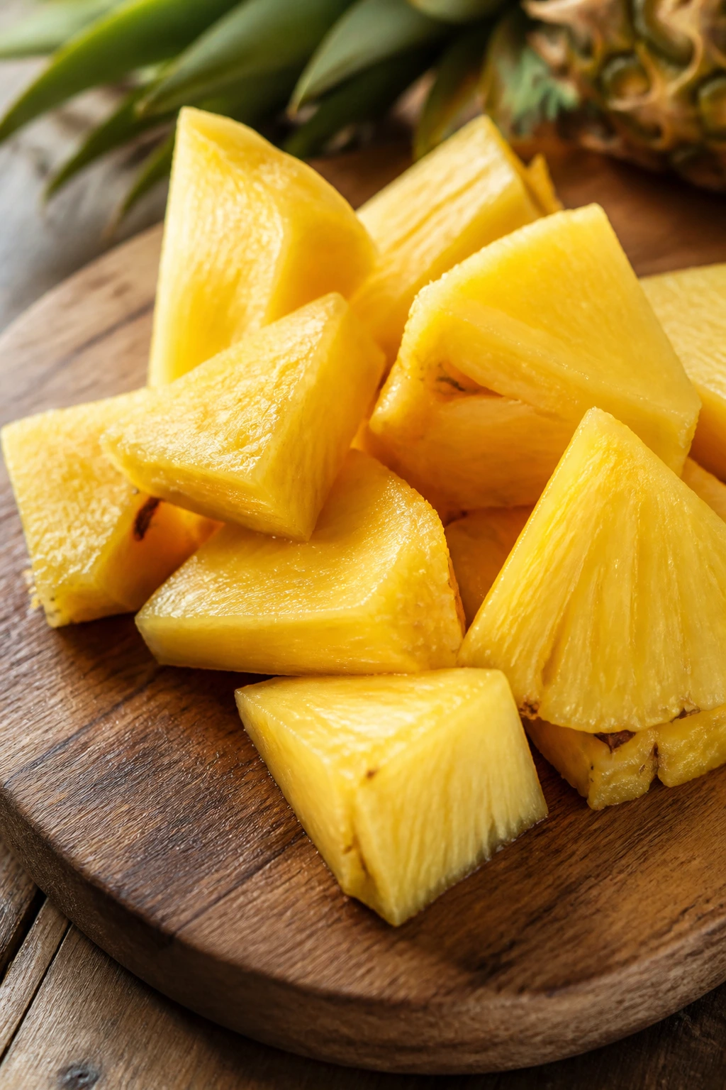 Are Pineapples Good For Pregnancy? 10 Incredible Benefits 5 Close-up of sliced pineapple pieces on a wooden cutting board under warm light.