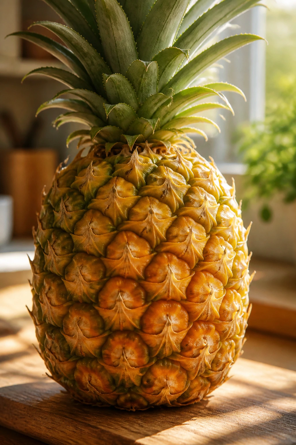 Are Pineapples Good For Pregnancy? 10 Incredible Benefits 1 Close-up of a ripe pineapple on a wooden kitchen counter under natural light.