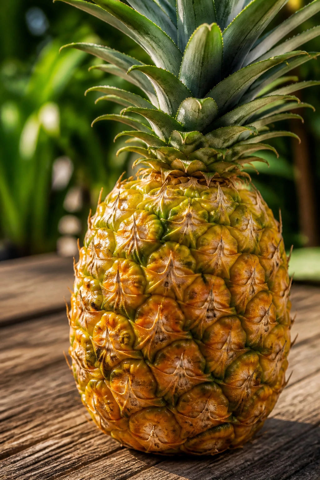 Close-up of a ripe pineapple in bright outdoor light, highlighting its textured skin