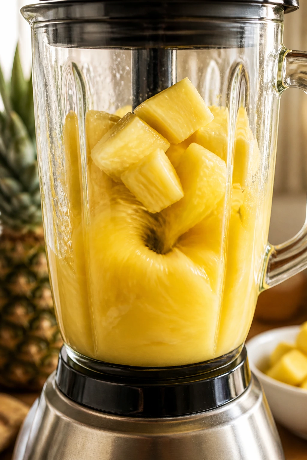 Blender with pineapple chunks blending into smoothie-like puree
