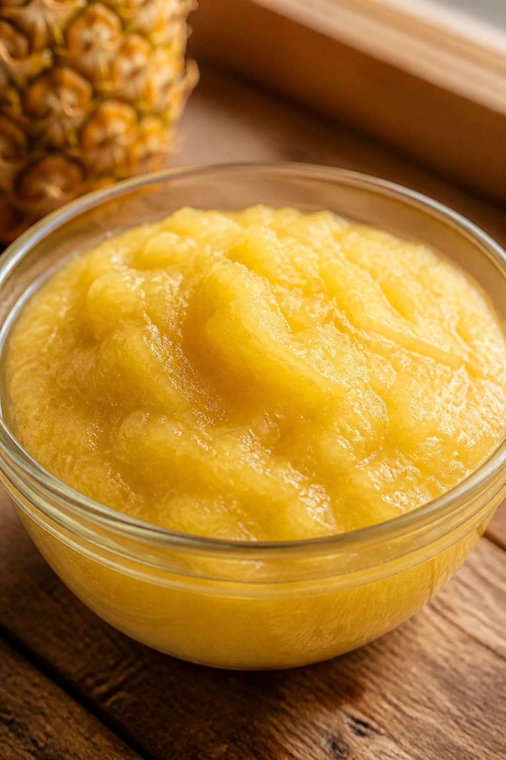 Close-up of bright yellow pineapple puree in a glass bowl on a wooden kitchen counter