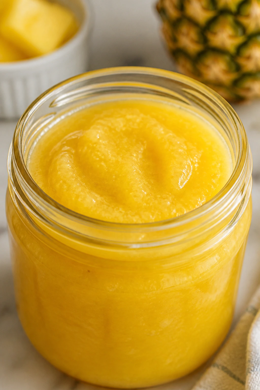Jar of smooth pineapple puree filled to the brim with warm kitchen lighting