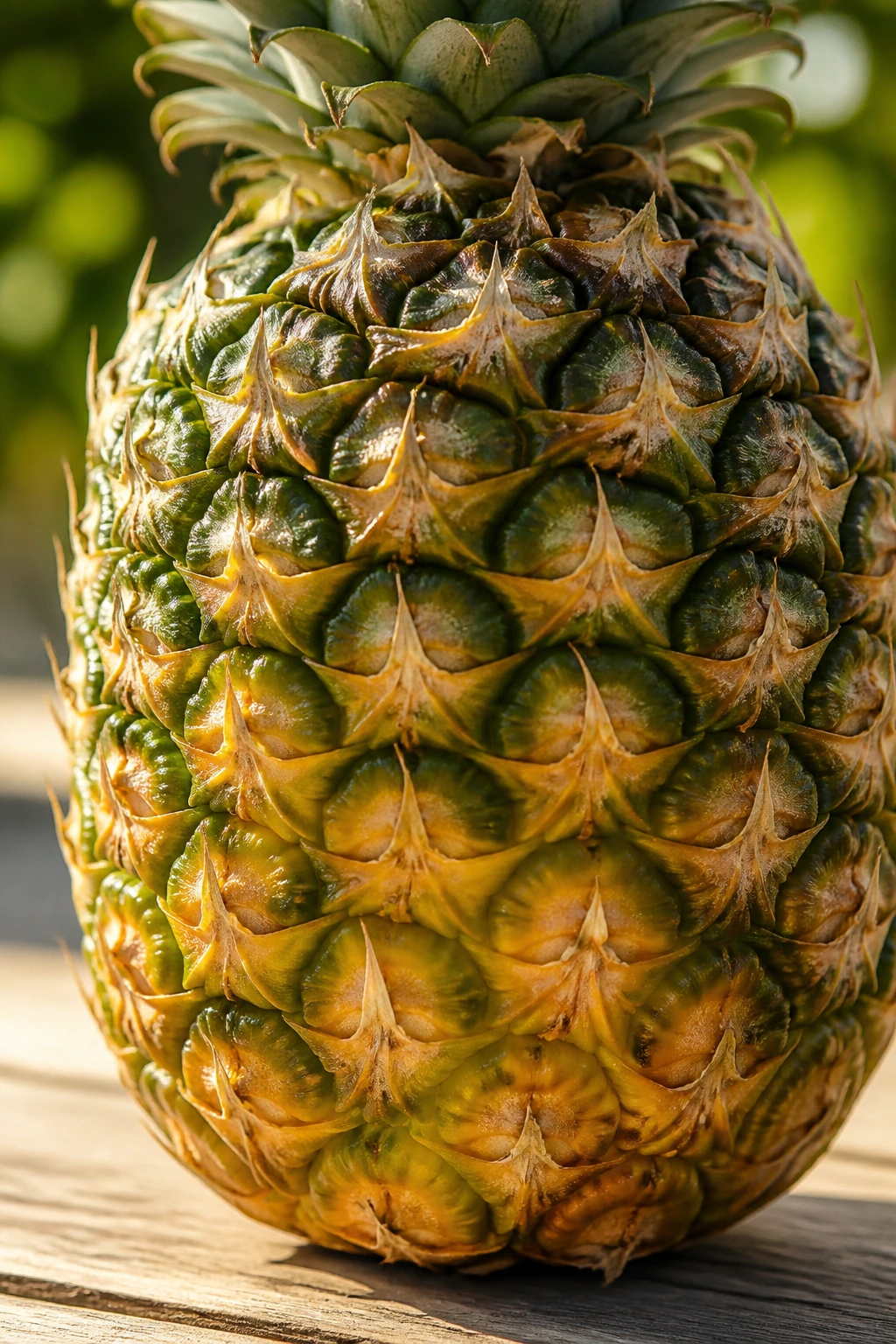 Close-up of a pineapple on a wooden surface