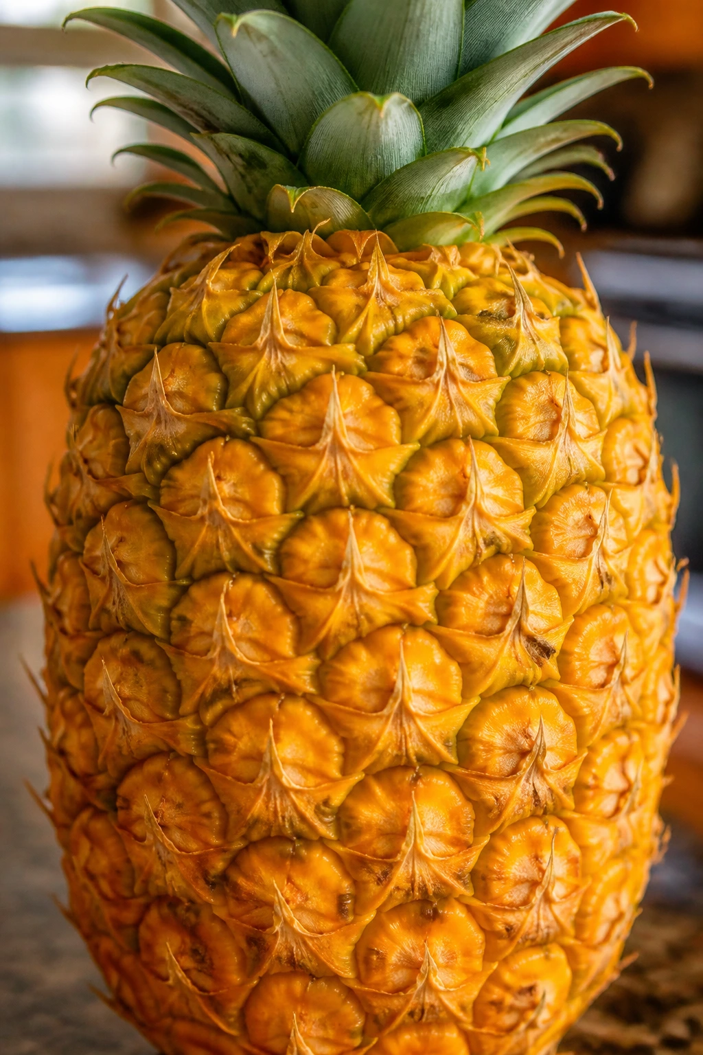 Close-up of a ripe golden-yellow pineapple dominating the frame in a cozy kitchen