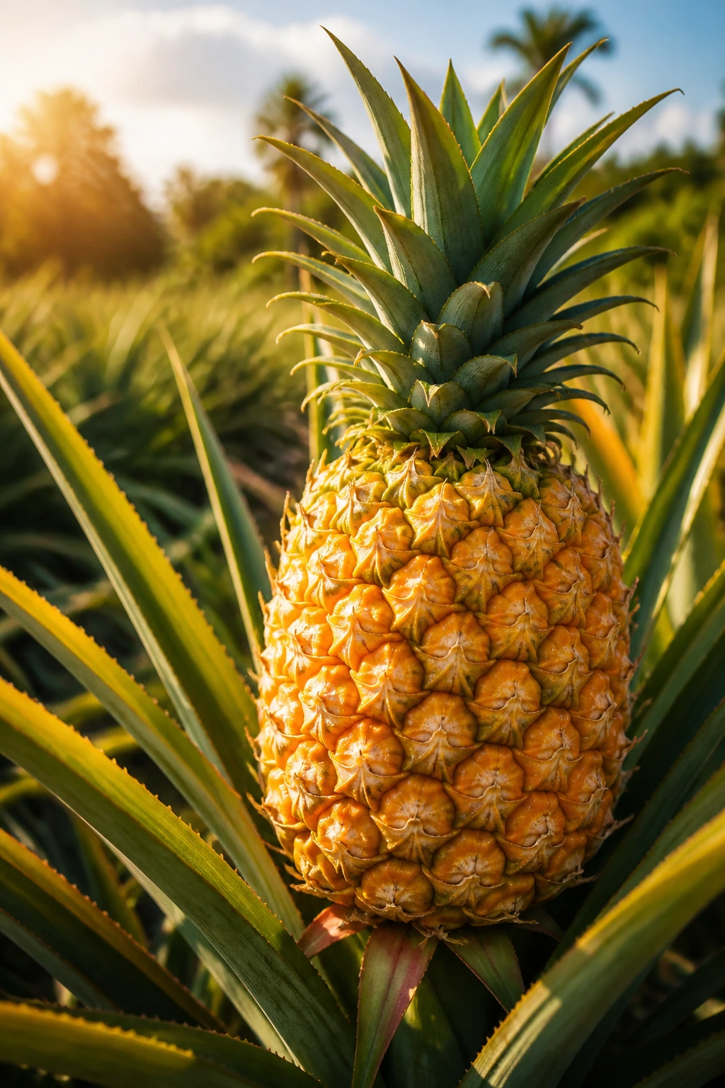 How Long Does It Take A Pineapple To Mature? 2 Close-up of a ripe pineapple on the plant under warm sun in a tropical field