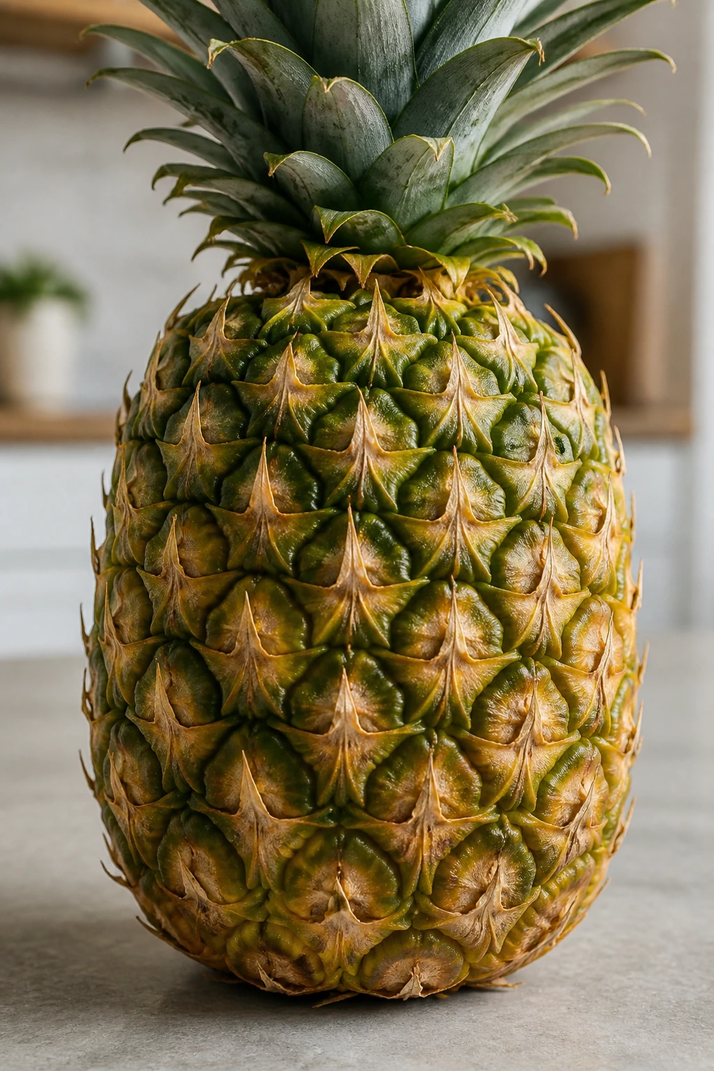 Is It Good To Eat Pineapple At Night? All You Need To Know 4 Close-up of a whole pineapple on a neutral kitchen surface with textured rind
