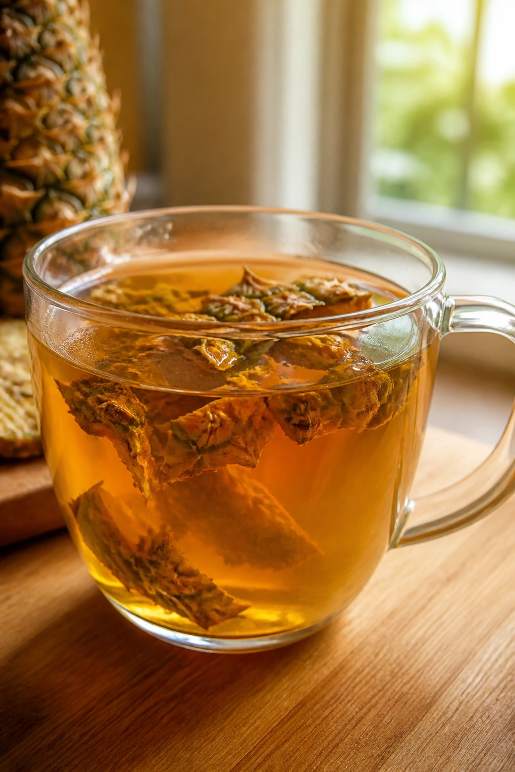 Close-up of amber pineapple skin tea in a glass cup on a wooden kitchen counter