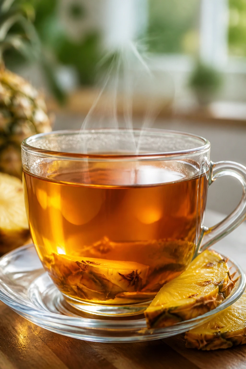 Steaming pineapple skin tea in a glass cup on a bright kitchen counter