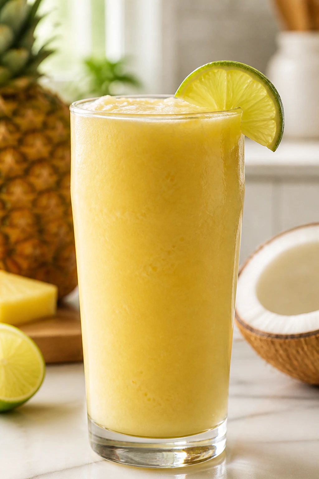 Close-up of Pineapple Paradise Smoothie in a glass on a bright kitchen counter