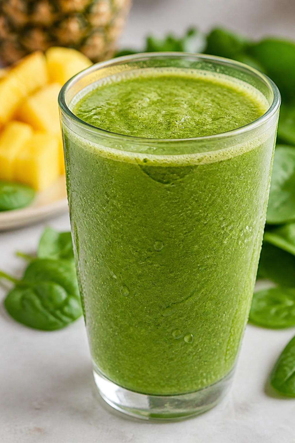 Close-up of a glass of green pineapple spinach juice on a kitchen counter with blurred pineapple and spinach