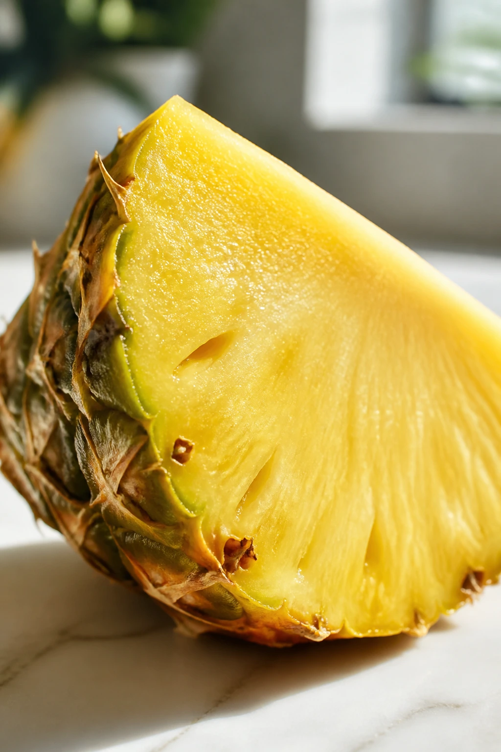 Close-up of a pineapple wedge with bright yellow flesh