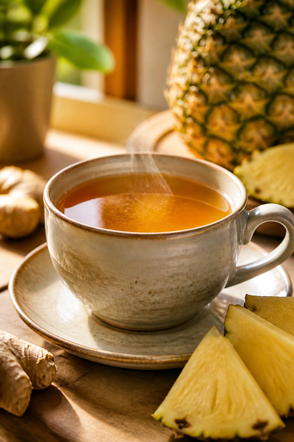 Cup of pineapple tea on a cozy kitchen table with steam