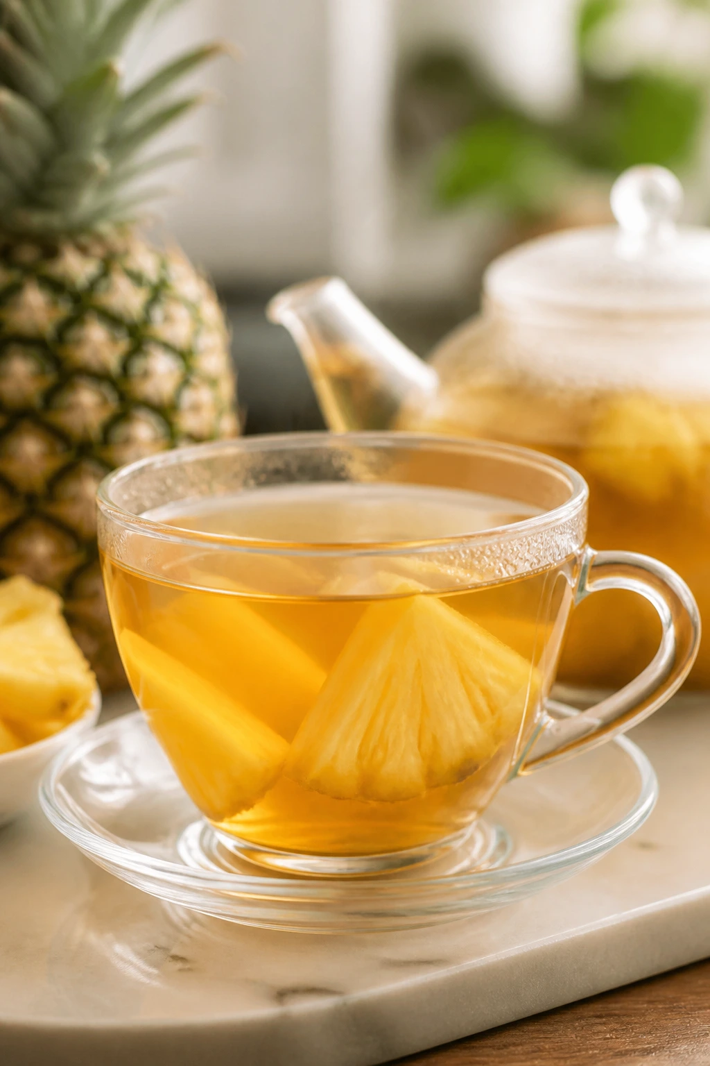 Glass cup with pineapple-infused tea showing pineapple pieces inside