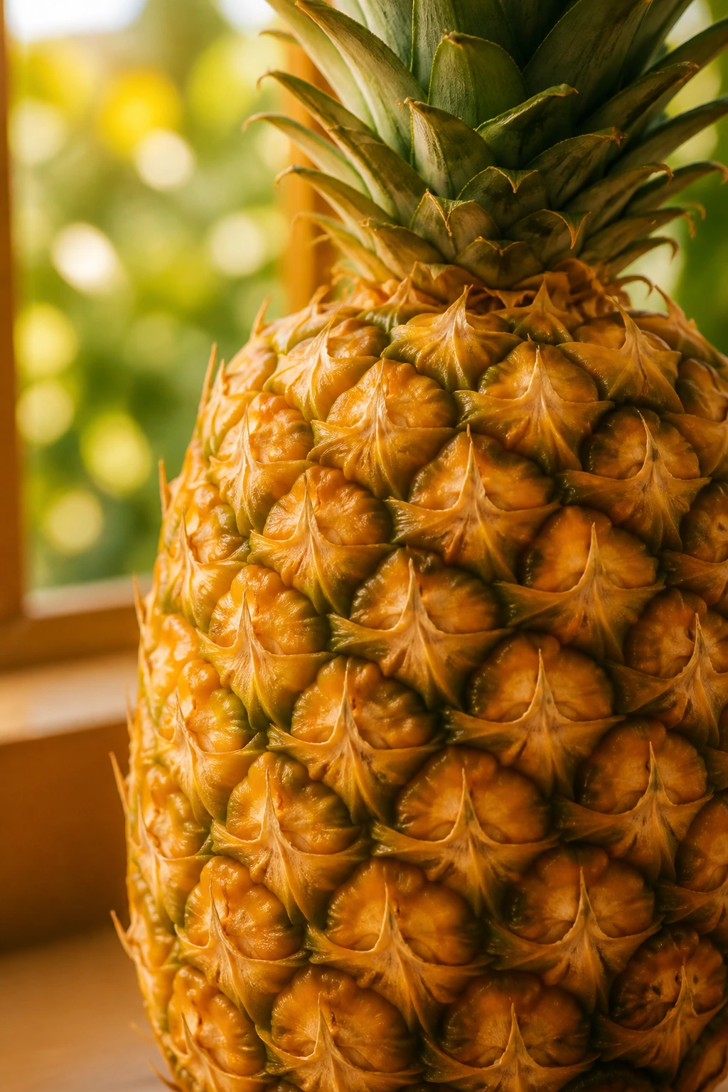 Close-up of ripe pineapple in warm kitchen lighting