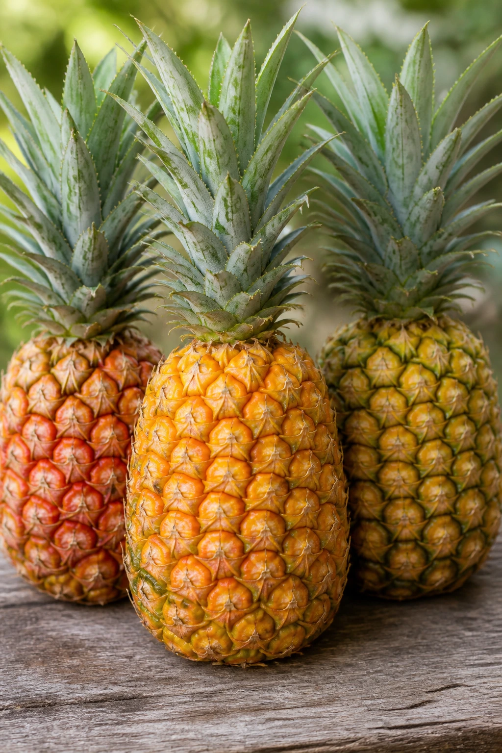 Three pineapples with different color tones on wood, highlighting varieties