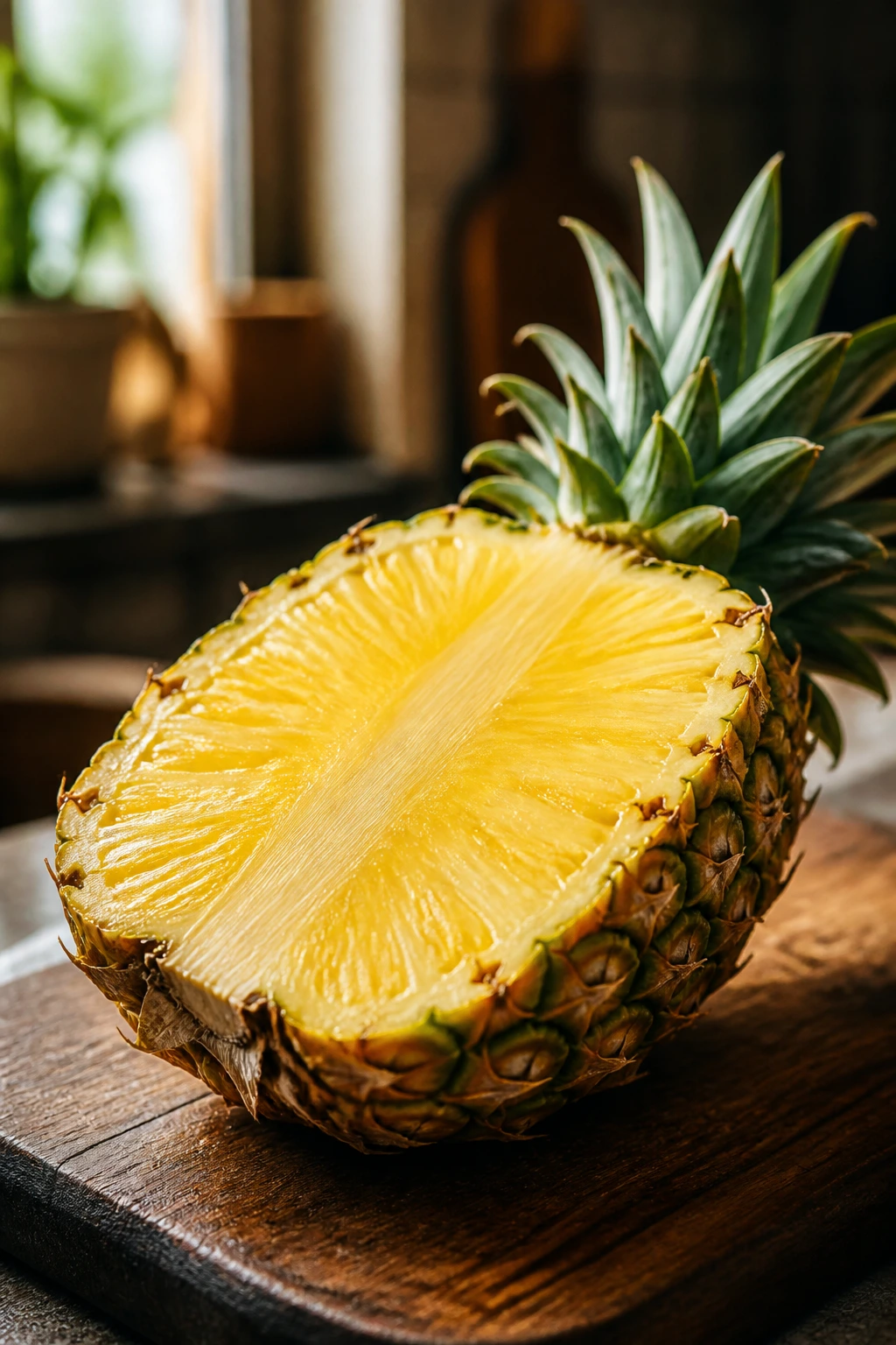 Close-up of ripe pineapple on cutting board showing bright yellow flesh