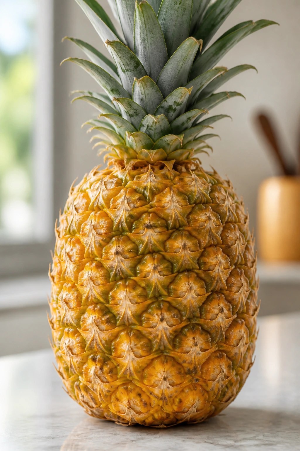 Are Pineapples Good For Pregnancy? 10 Incredible Benefits 3 Close-up of a single pineapple on a bright kitchen counter.