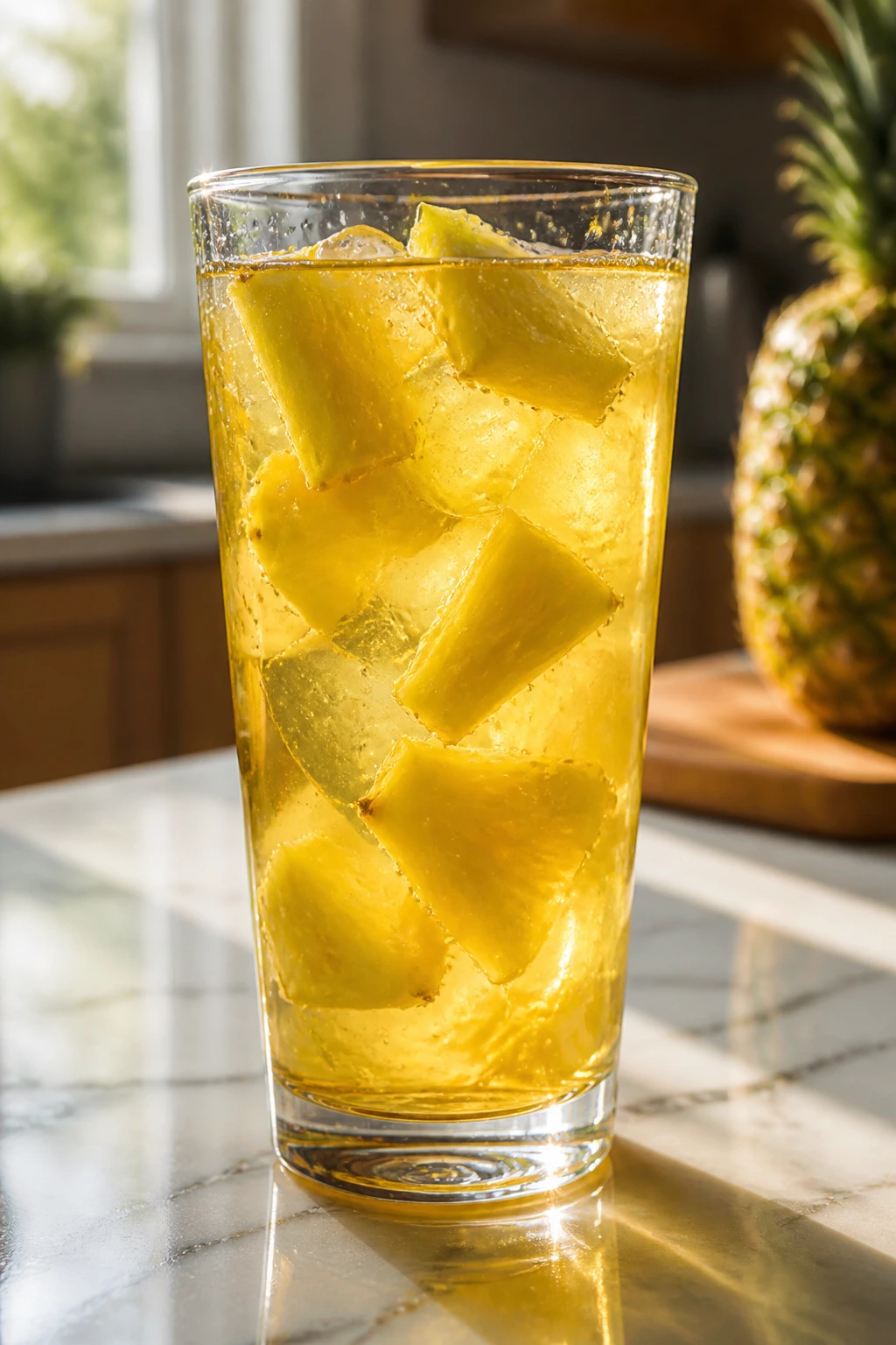 Tall glass of pineapple water on a sunny kitchen counter