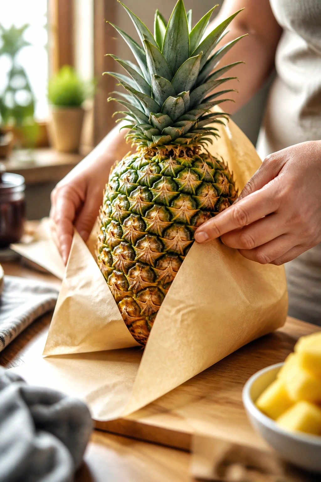 Is Pineapple Gluten-Free? Here's What You Need To Know 7 Close-up of a hand wrapping a pineapple with parchment in a warm kitchen