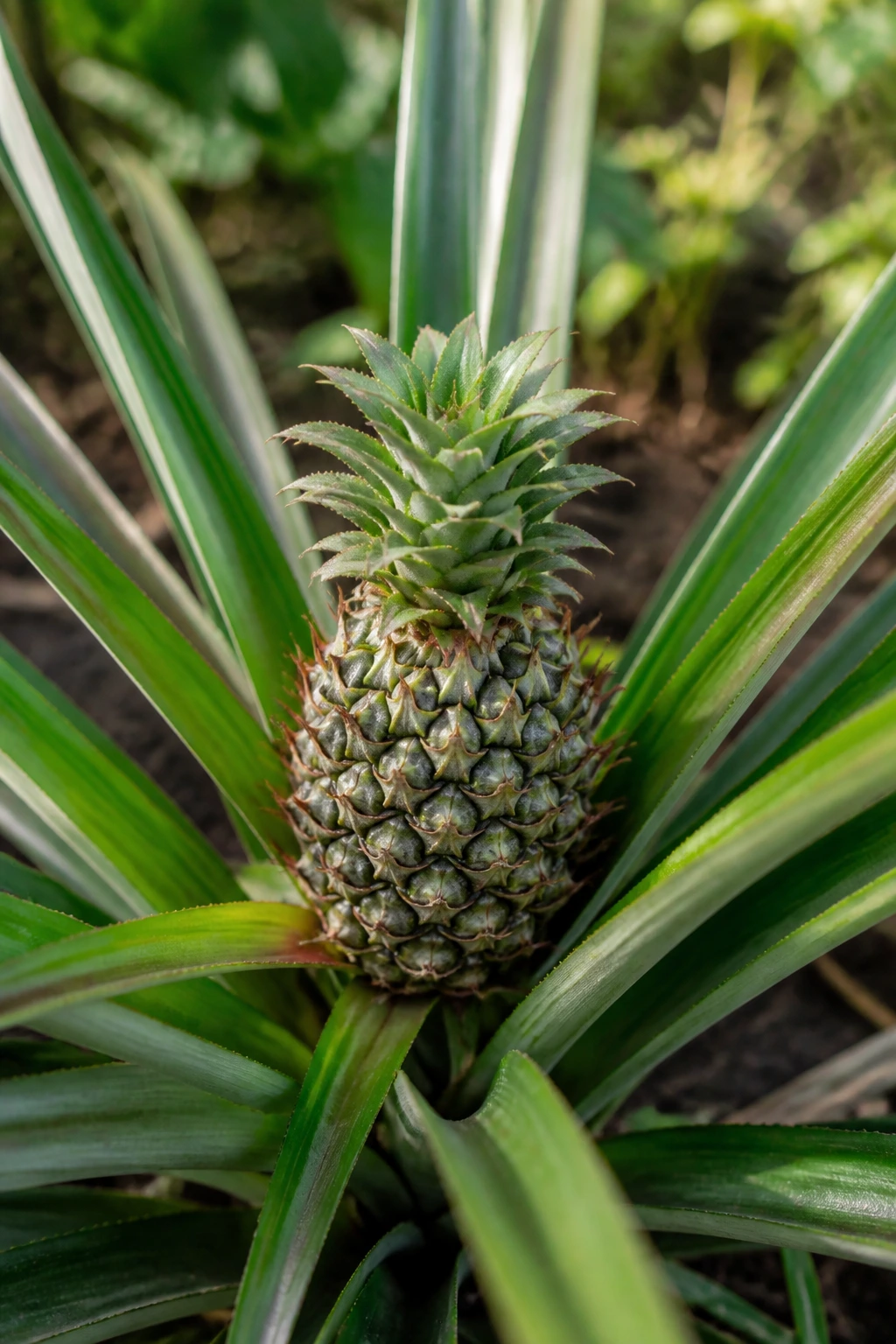 Pineapple plant with developing fruit in a garden bed