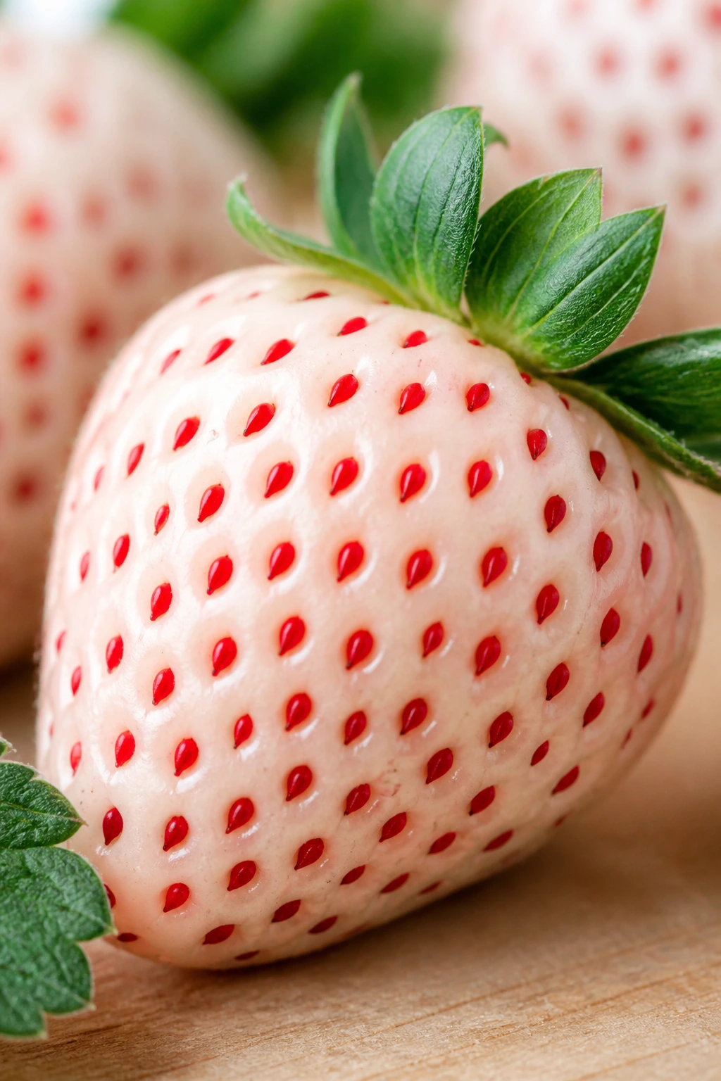 Close-up of a pineberry with white skin and red seeds on light wood