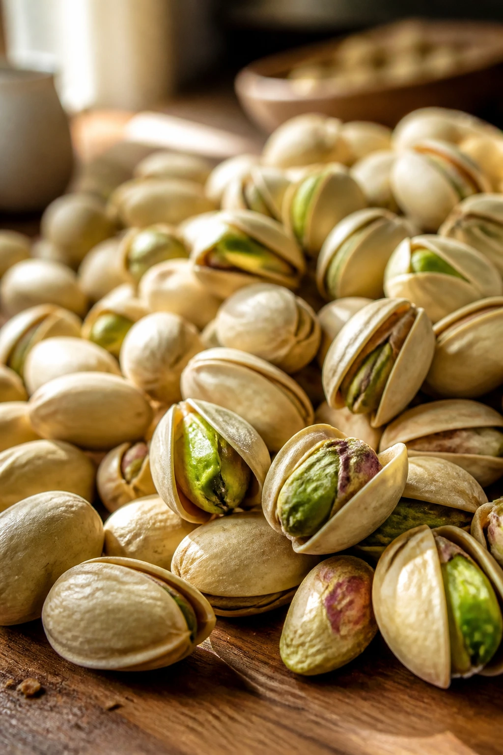 Close-up of shelled pistachios with green kernels on a wooden surface