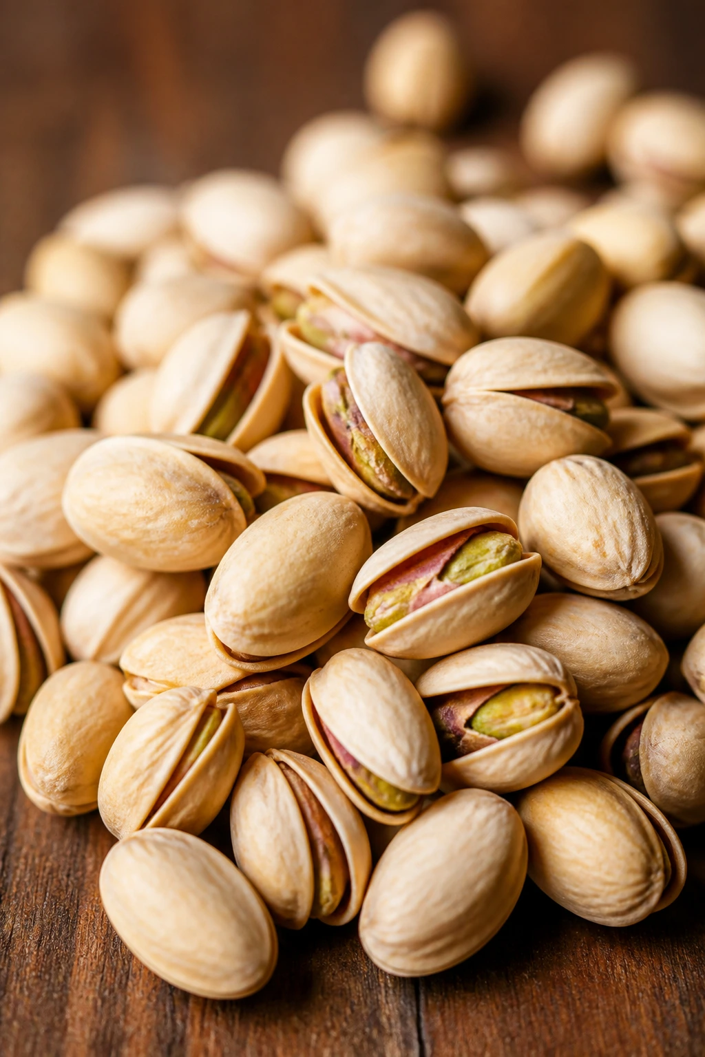 Heap of pistachios in shells on wooden surface with warm lighting