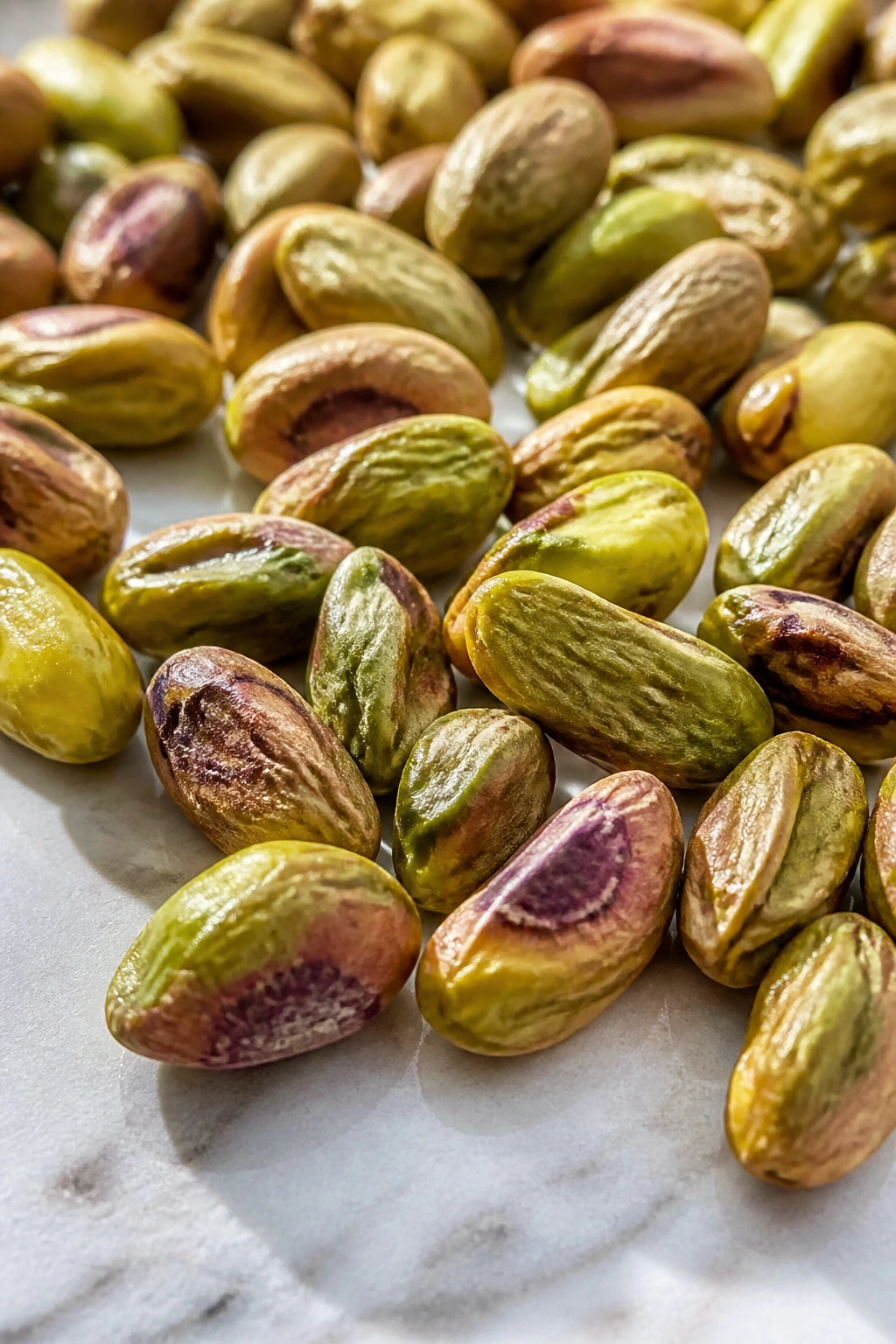 Pile of pistachios on a marble surface suggestive of skincare routine