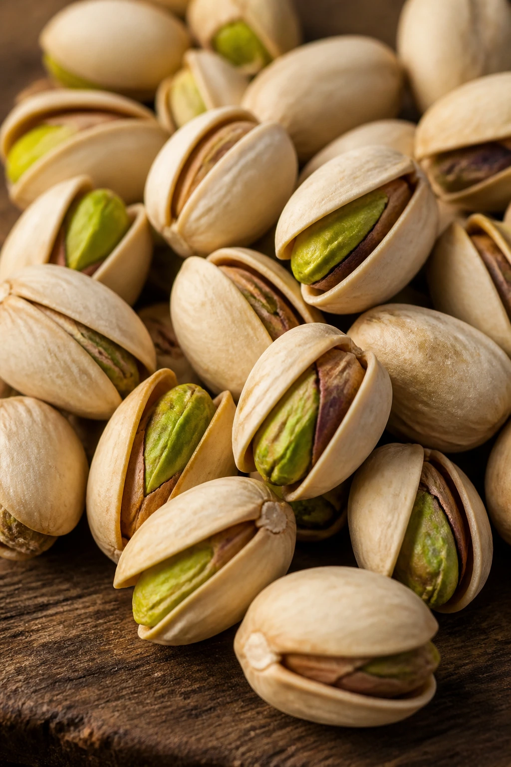 Close-up pistachios showing green kernels in shells