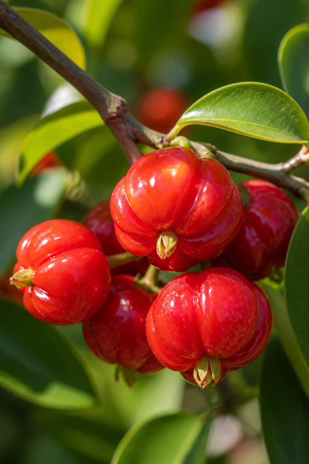 Surinam Cherry (Pitanga):Â Nutrition Facts, Health Benefits, And More 1 Close-up of bright red Pitanga fruits on a branch in a sunlit garden