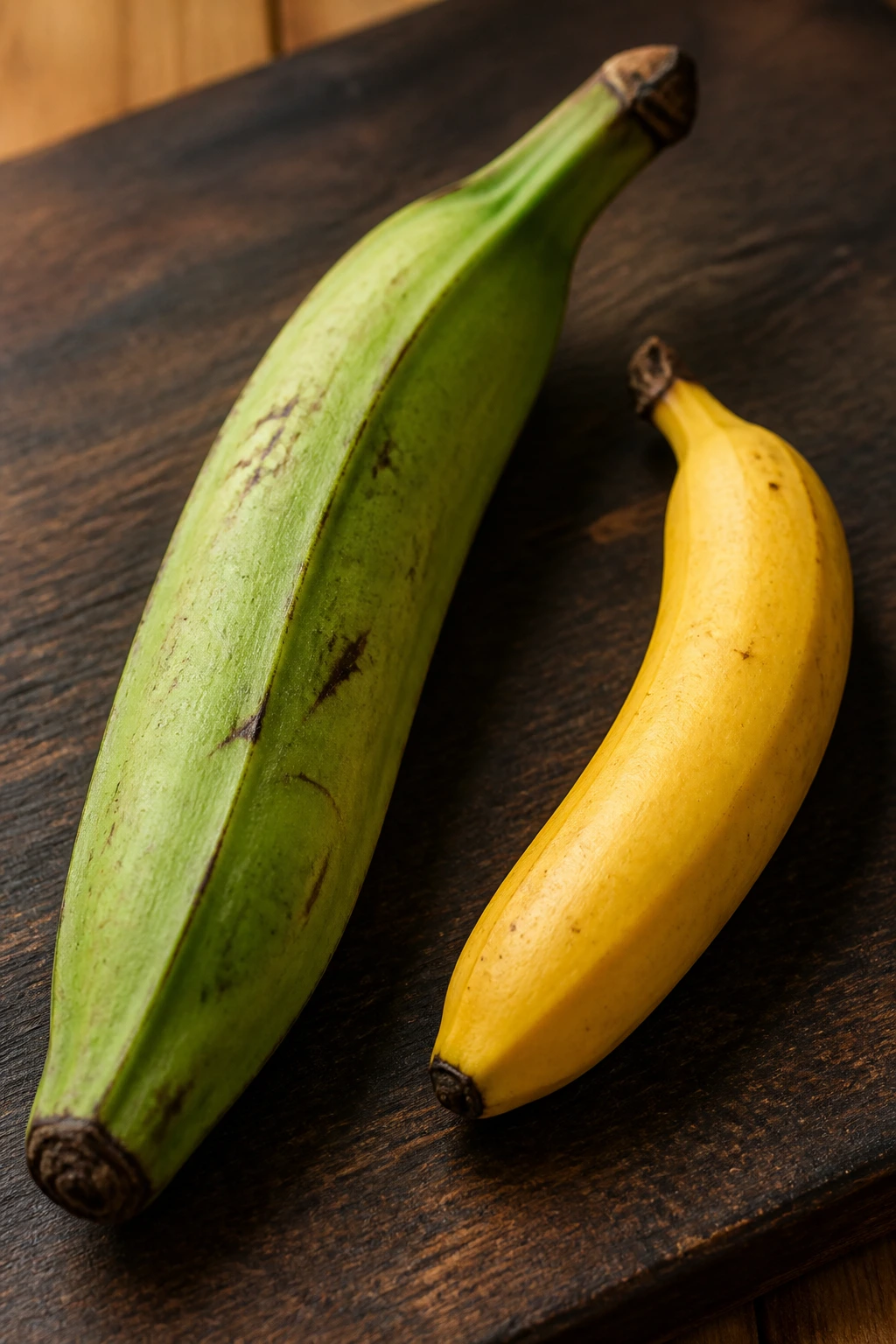 Green plantain and ripe banana side by side for comparison