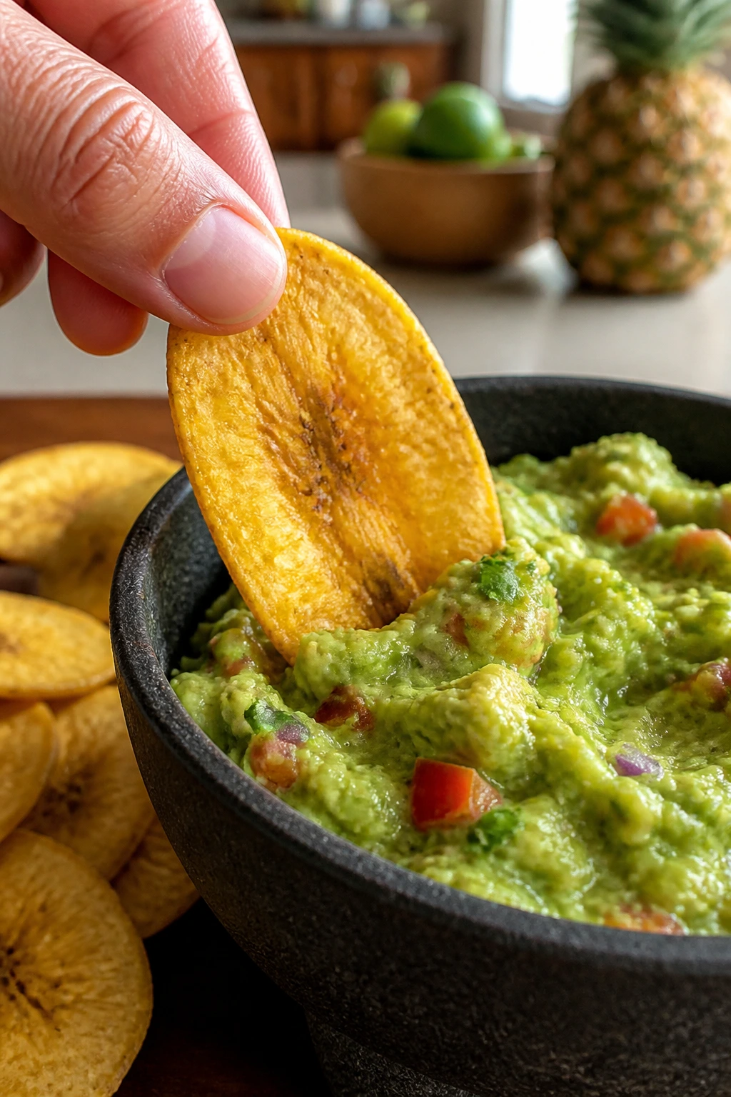 Plantain Chips Vs Banana Chips: Which Is Better For You? 5 Plantain chip dipped into guacamole