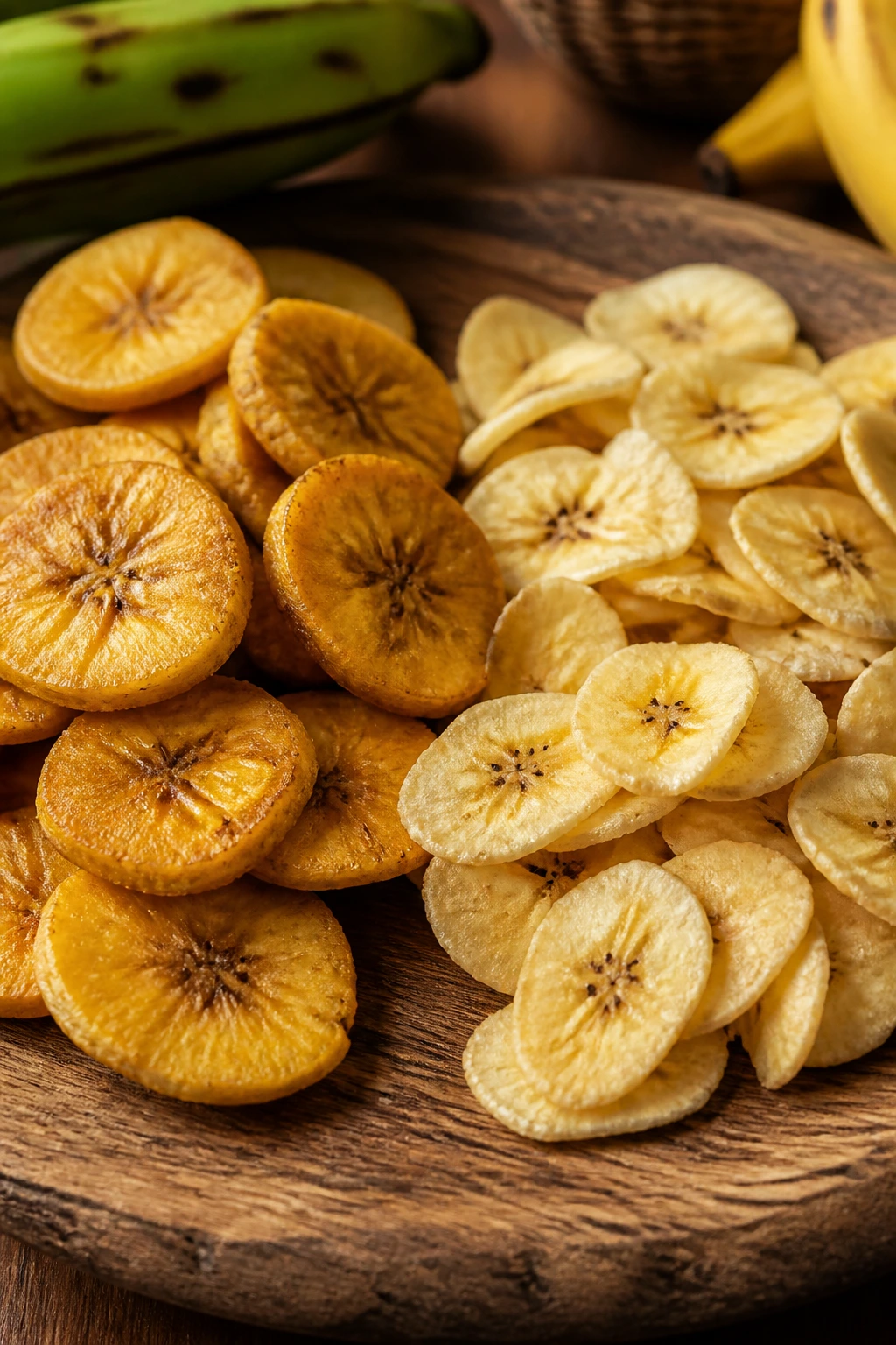 Plantain and banana chips arranged on wooden board